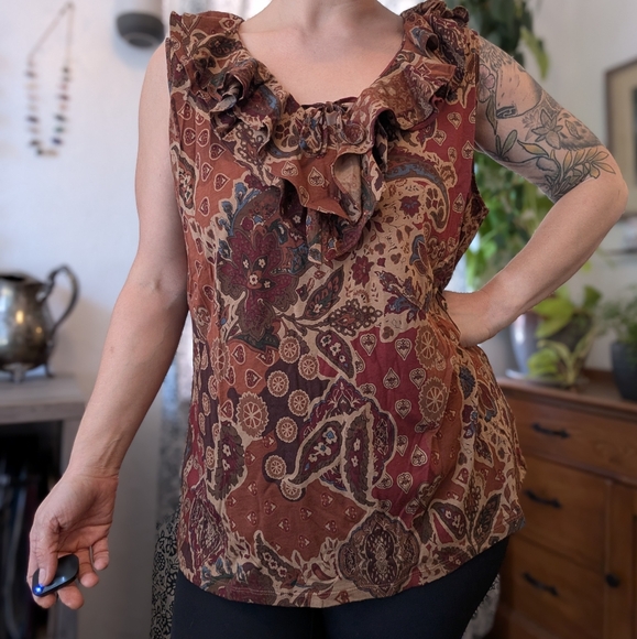 Ralph Lauren vintage 00s Brown Paisley Ruffle Blouse - Picture 1 of 4